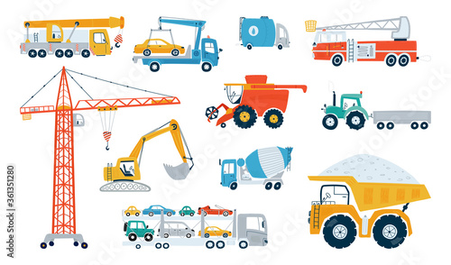 Set working building machine isolated on a white background. Icons kids cars for design of children's rooms, clothing, textiles. Vector illustration