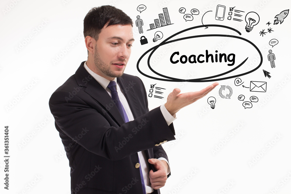 Business, technology, internet and network concept. Young businessman thinks over the steps for successful growth: Coaching Business, technology, internet and network concept. Young businessman thinks over the steps for successful growth: Coaching