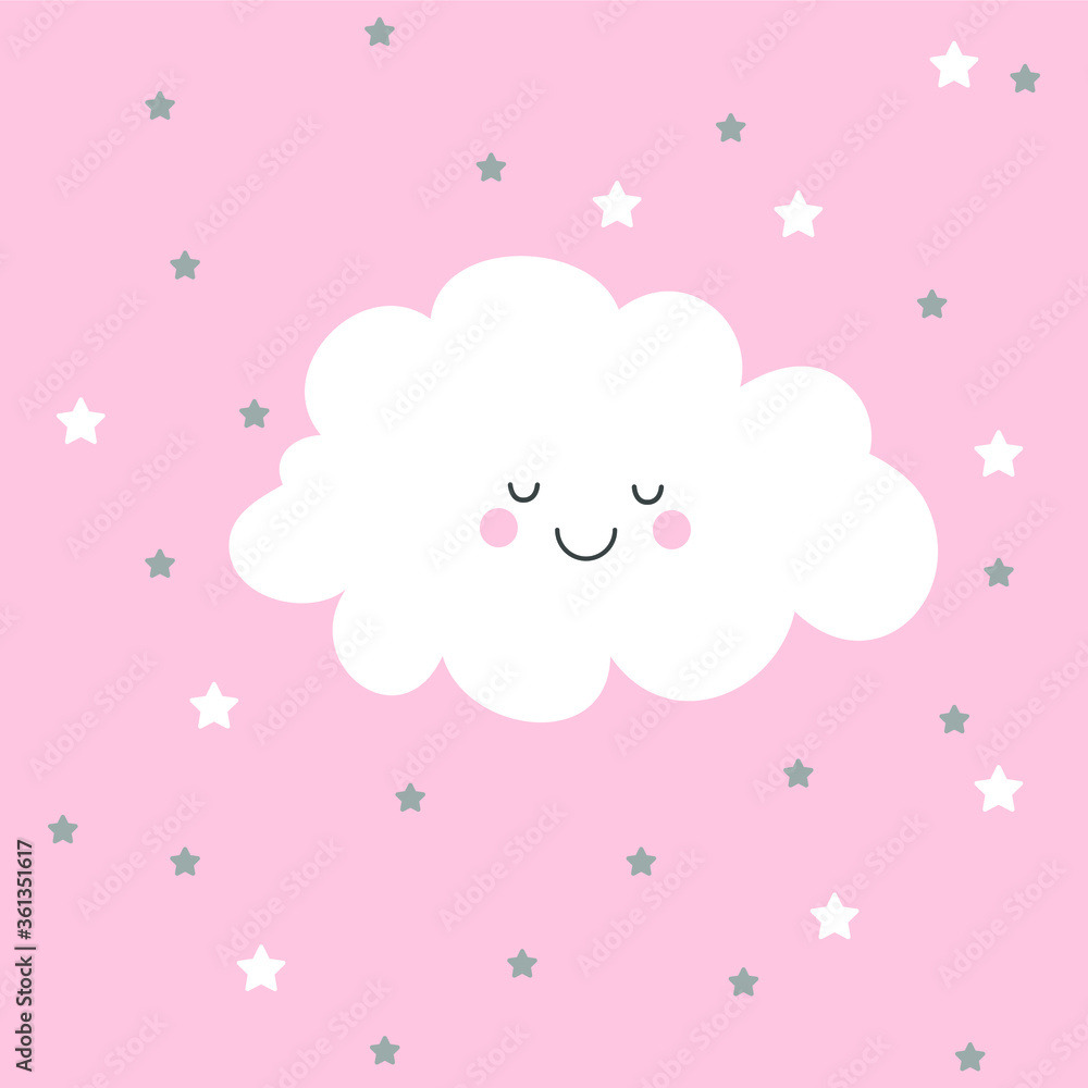 Cute Kawaii cloud with stars. Vector illustration.