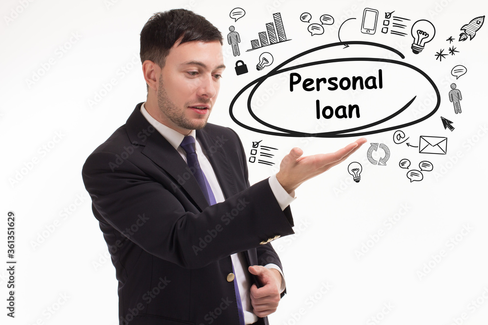 Business, technology, internet and network concept. Young businessman thinks over the steps for successful growth: Personal loan Business, technology, internet and network concept. Young businessman thinks over the steps for successful growth: Personal loan