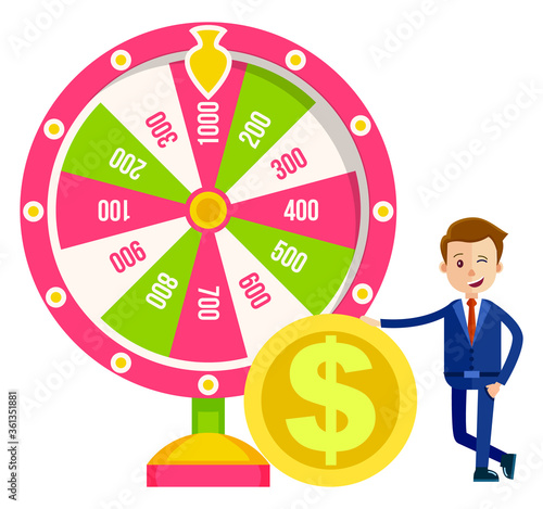 Boy winner in suit and fortune wheel, money or gold coin, risk and luck vector. Casino and roulette, prize and award, color circle and pointer, rotation