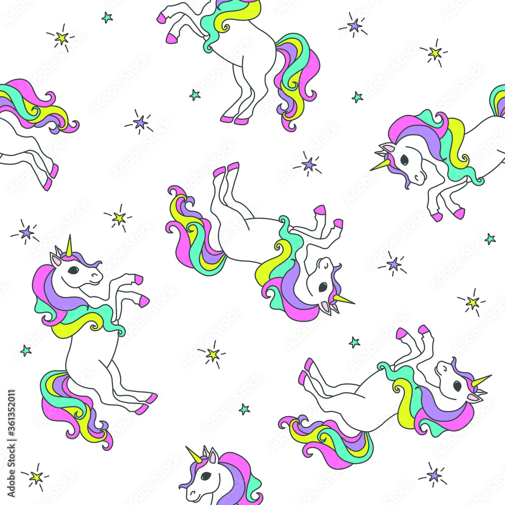 Seamless pattern with unicorns, stars . Cartoon background for baby textiles. Vector illustration.