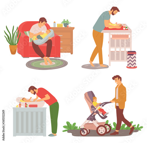 Father and kid walking outdoors vector, daddy feeding newborn kid with bottle, parent changing diapers on special table, perambulator stroller care