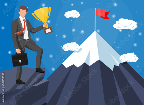 Businessman standing on top of mountain with flag and trophy. Symbol of victory, successful mission, goal and achievement. Trials and testing. Win, business success. Flat vector illustration
