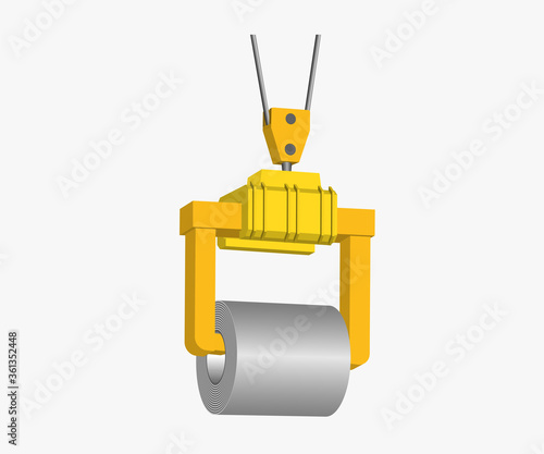 Rolled steel coil lifting by overhead crane, steel in industrial