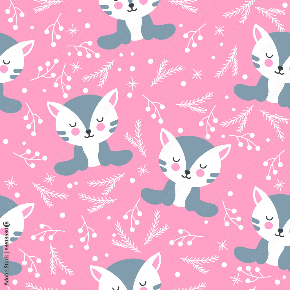 Seamless pattern with kittens, stars. Children cartoon background.