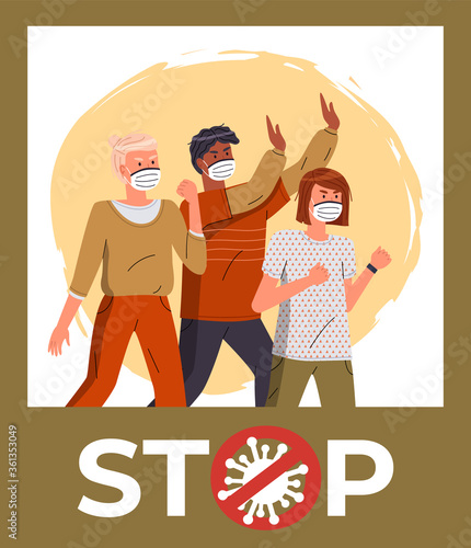Group of multinational people wearing face medical masks protesting against world epidemic. Banner with cartoon characters in blue flat style. Stop gesture, crossed out sign with virus inside