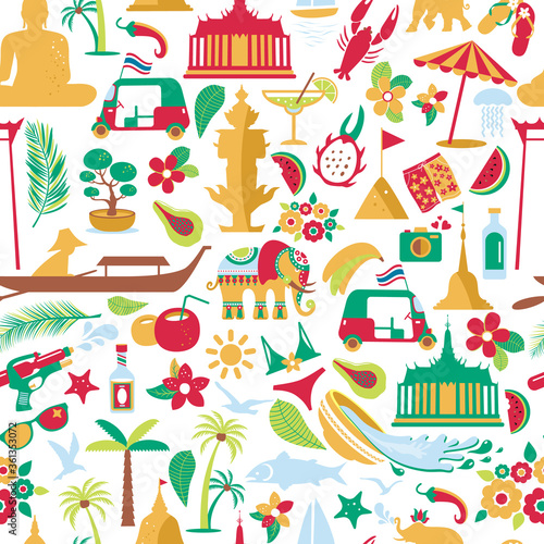 Asia Culture set of bruight icons in seamless pattern - Bangkok Thailand Vector Illustration on white background.
