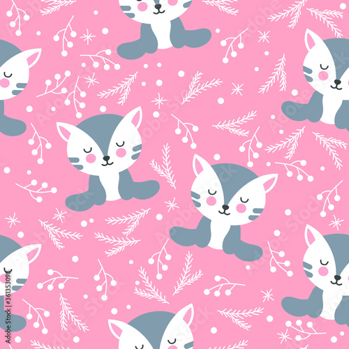 Seamless pattern with kittens, stars. Children cartoon background.