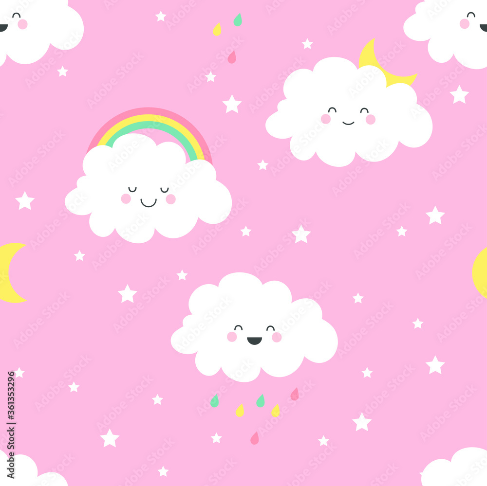 Cute kawaii clouds and rainbow seamless pattern. Vector illustration.