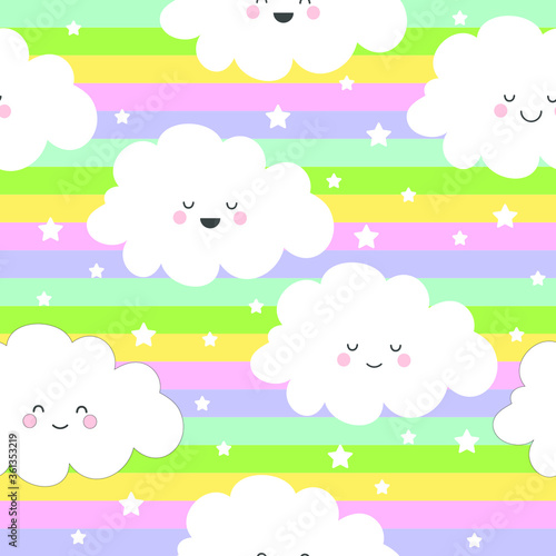 Seamless pattern with pretty smiling clouds on a rainbow background with stars. Vector illustration.