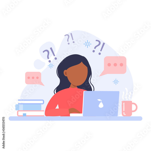 A child,student or girl does not understand the teacher's task or question.Remote online distance education at home in quarantine.Character sitting at desk, looking at laptop.Vector flat illustration.