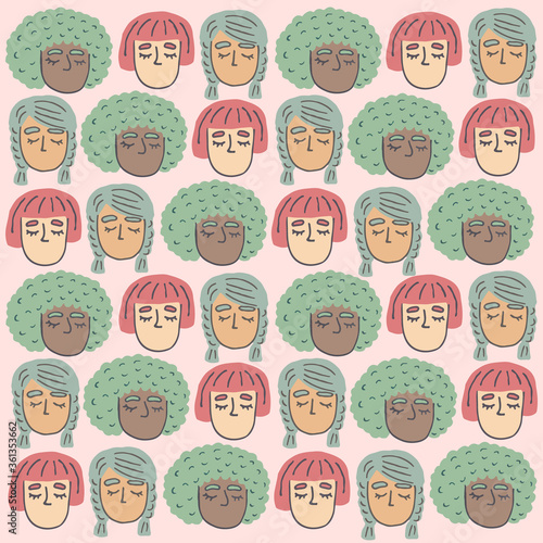 Women empowerment movement pattern. International women's day graphic. Trendy hipster background. Flat cartoon illustration. Women of different races.