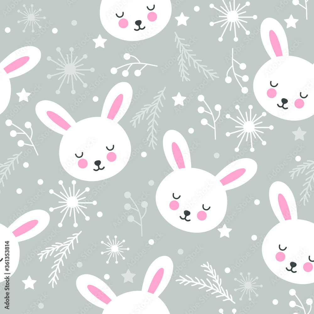 Seamless pattern with cute rabbits on a gray background with sprigs and snowflakes. Seamless pattern with cute rabbits on a gray background with sprigs and snowflakes.
