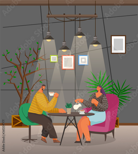 People drink coffee and talk with each other in cozy cafe. Man and woman sit on armchairs and have break or date. Coffeehouse with photo frames on wall and saplings. Vector illustration in flat style