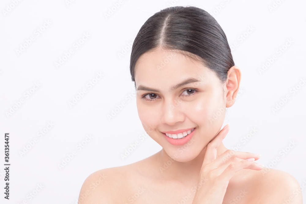 Close up beauty portrait of a young smiling woman isolated over white background studio Close up beauty portrait of a young smiling woman isolated over white background studio