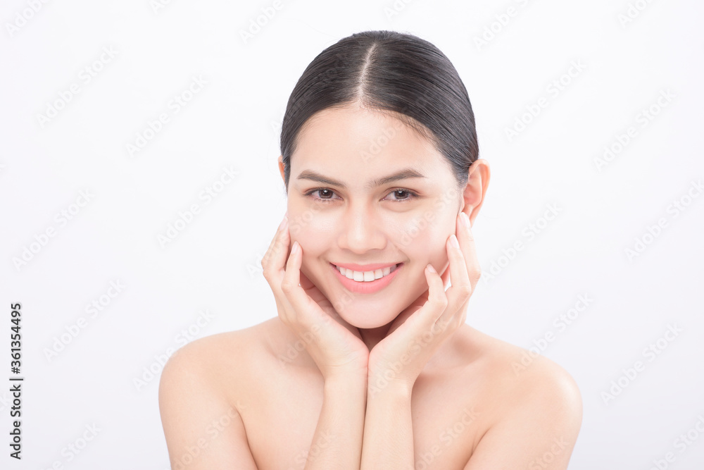 Close up beauty portrait of a young smiling woman isolated over white background studio Close up beauty portrait of a young smiling woman isolated over white background studio
