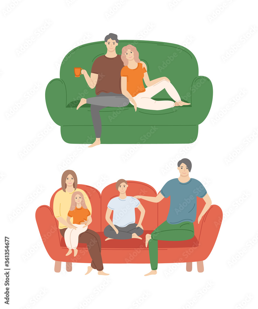 People at home spending time together vector, man and woman on sofa couple relaxing. Family consisting of father, mother and children on furniture