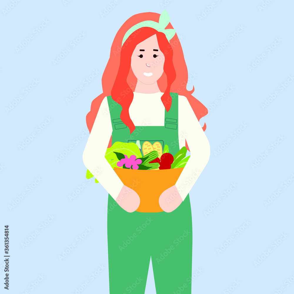 A beautiful young girl in a cambinezone holds a basket with different vegetables, vector graphics A beautiful young girl in a cambinezone holds a basket with different vegetables, vector graphics