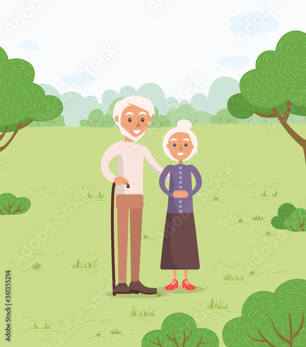Senior couple in park vector, man and woman old age of characters. Grandmother and grandfather walking in forest with wooden stick, active pensioners