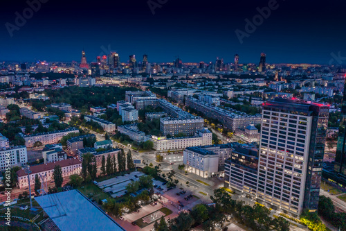 Beautifu evening panoramic aerial drone view to the Center of modern Warsaw city with  skyscrapers