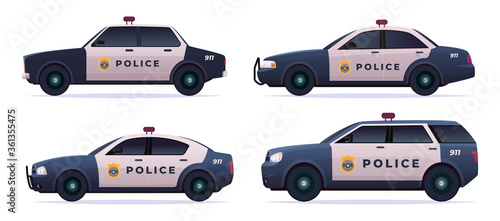 Cartoon modern police car collection. Vector object isolated on white, side view. Police sedan and jeep car set