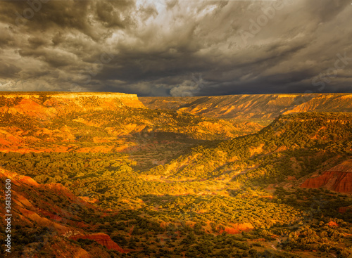 Sunset over the Palo Duro Canyon and a thunderstorm rolling in