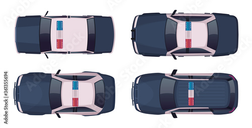 Cartoon modern police car collection. Vector object on white, view from above. Police sedan and jeep car set