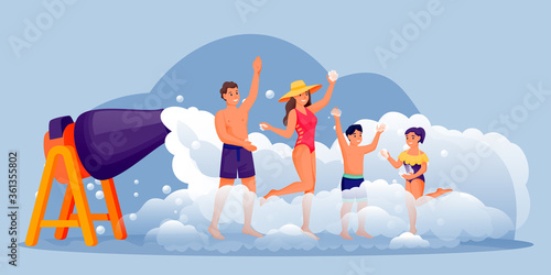 Family with two kids dancing on foam beach party. Happy people have fun vacation. Vector cartoon characters illustration