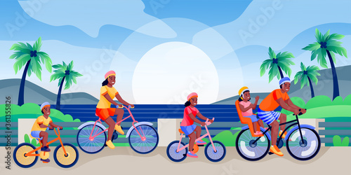 African american family with children rides bicycles. Vector illustration. Family sport activities, leisure lifestyle