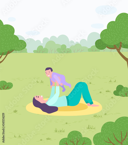 Motherhood vector, female character mommy playing with kid on nature. Flat style mother and son childcare, toddler and mom on meadow with trees and greenery
