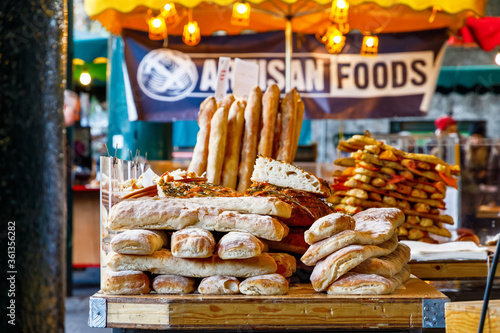 Freshly baked breads on display at Borough Market, London