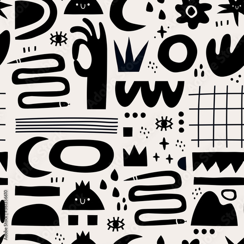 Hand drawn various Shapes and Doodle objects. Abstract contemporary modern trendy Vector illustration. Repeating Seamless Pattern. Background, Wallpaper. Black monochrome concept. Dark theme