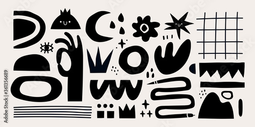 Big set of Hand drawn various Shapes and Doodle objects. Abstract contemporary modern trendy Vector illustration. Black monochrome concept. Dark theme. All elements are isolated