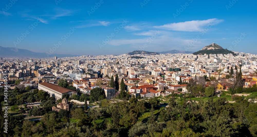 Panoramic view of metropolitan Athens, Greece with Lycabettus Lycabettus hill and Pedion tou Areos park seen from Areopagus rock