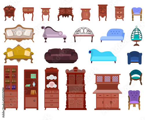 Set of antique nightstands, chests of drawers, armchairs, sofas, cabinets isolated on a white background.Collection of antique furniture for the bedroom, living room.Vector illustration in flat style.