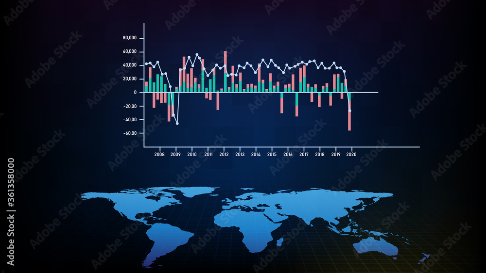 Abstract background blue GDP Growth graph and world map, world economy stock market