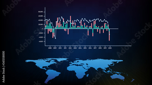 Abstract background blue GDP Growth graph and world map, world economy stock market