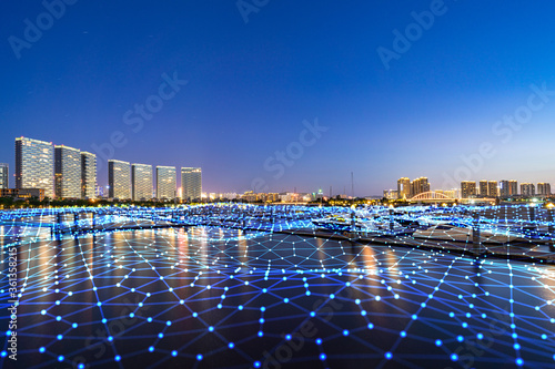 Xiamen blue tone skyline synthesized by particle lines