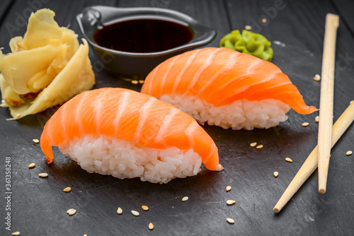Japanese dish of sushi rice with salmon