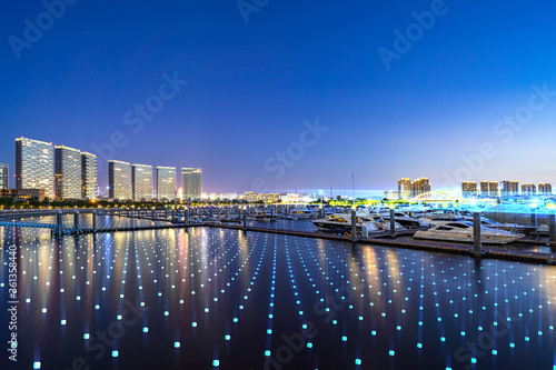 Xiamen blue tone skyline synthesized by particle lines