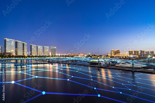 Xiamen blue tone skyline synthesized by particle lines