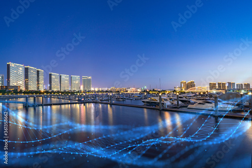 Xiamen blue tone skyline synthesized by particle lines
