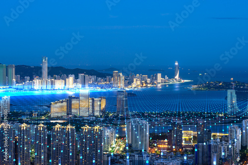 Xiamen blue tone skyline synthesized by particle lines