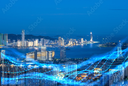 Xiamen blue tone skyline synthesized by particle lines