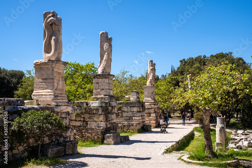 Panoramic view of ancient Athenian Agora archeological area with Odeon of Agrippa and Gymnasium ruins in Athens, Greece photo