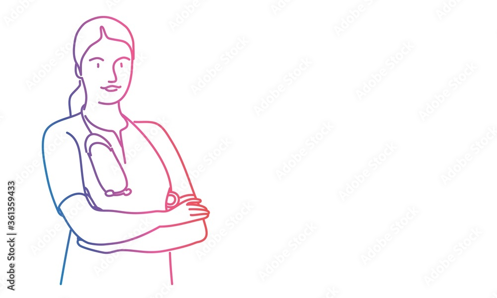 Woman doctor stand with his arms crossed. Rainbow colours in linear vector illustration. Woman doctor stand with his arms crossed. Rainbow colours in linear vector illustration.