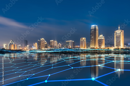 Xiamen blue tone skyline synthesized by particle lines