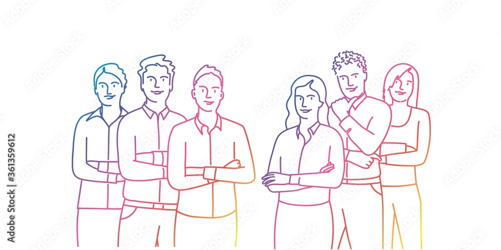 Business People with arms crossed. Business concept. Rainbow colours in linear vector illustration.