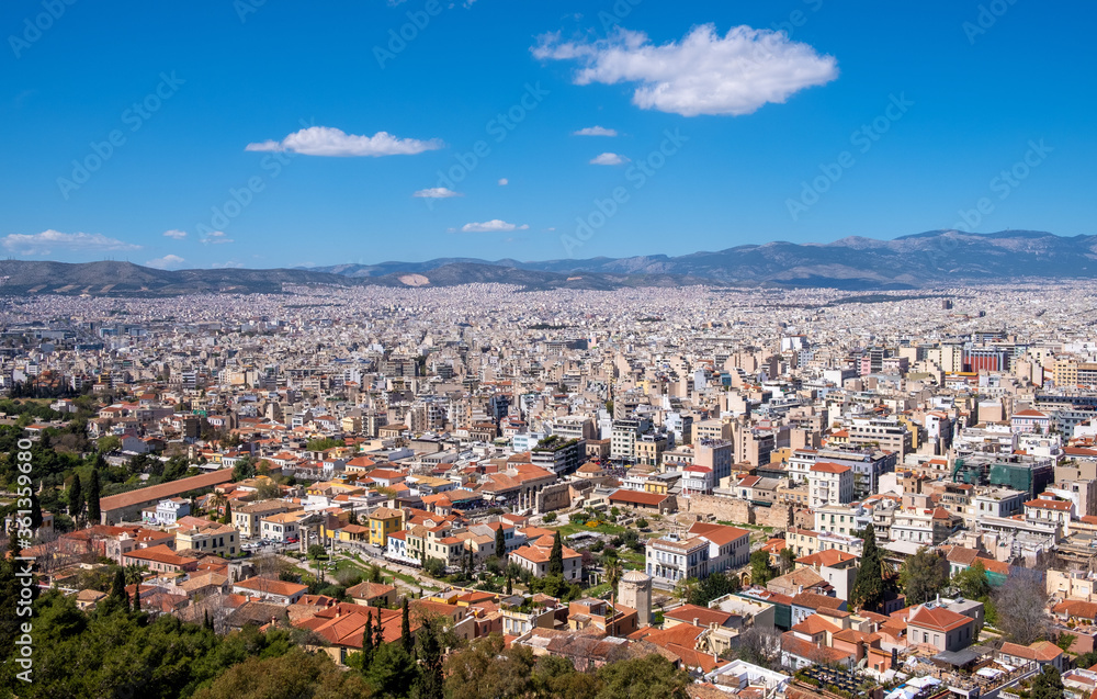 Panoramic view of metropolitan Athens, Greece with northern districts and suburban areas seen from Acropolis hill